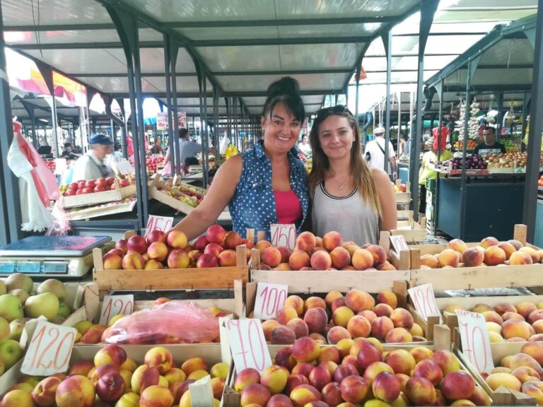 Two women at the Kalenic green market in Belgrade, Serbia