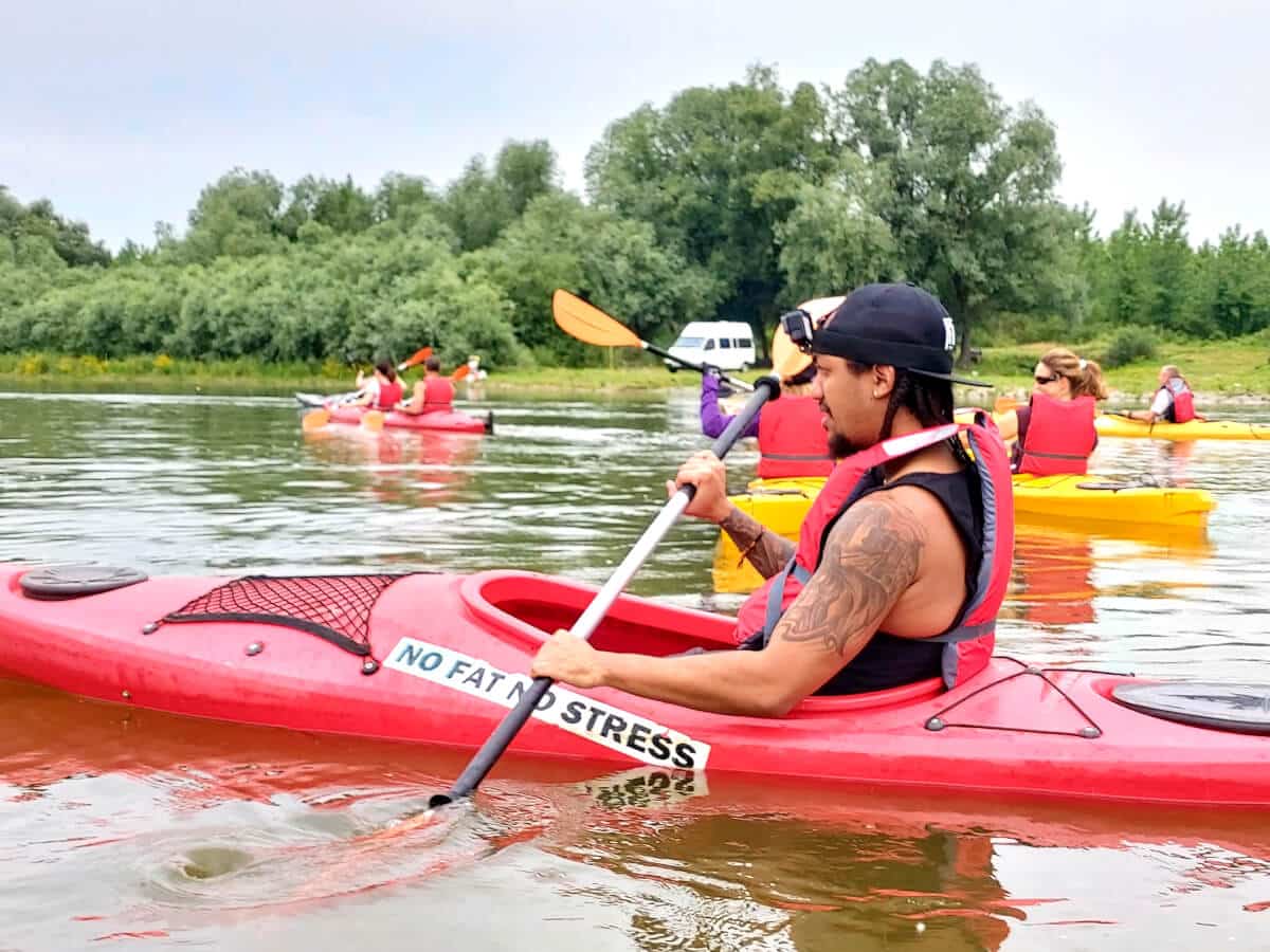 Man kayaking on the channel in the Danube river