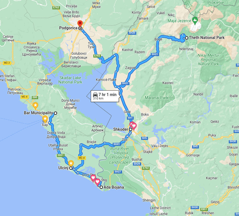 itinerary of a 4 day cycling trip in Montenegro and Albania