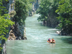 People rafting on the Lim River in Serbia